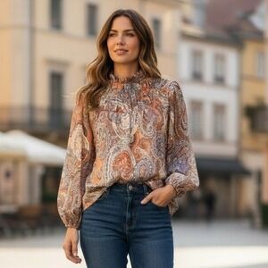 Tommy Hilfiger Womens Paisley Smocked Mock Neck Blouse Brown Orange Large